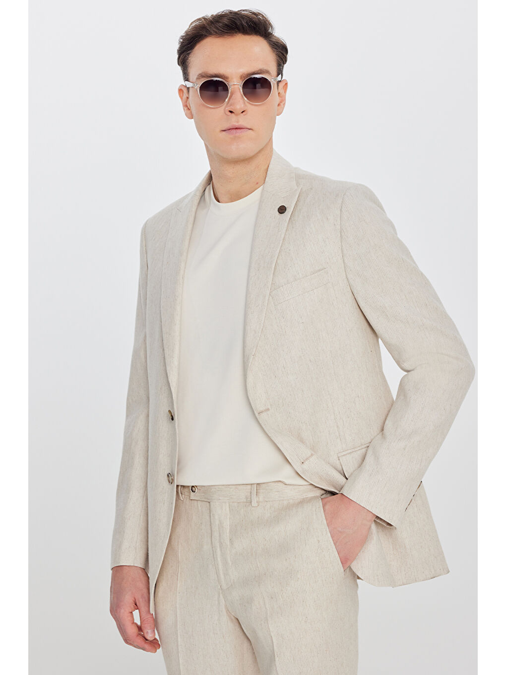 Erkek Bej Keten Slim Fit Dar Kesim Kırlangıç Yaka Esnek Takım Elbise-1