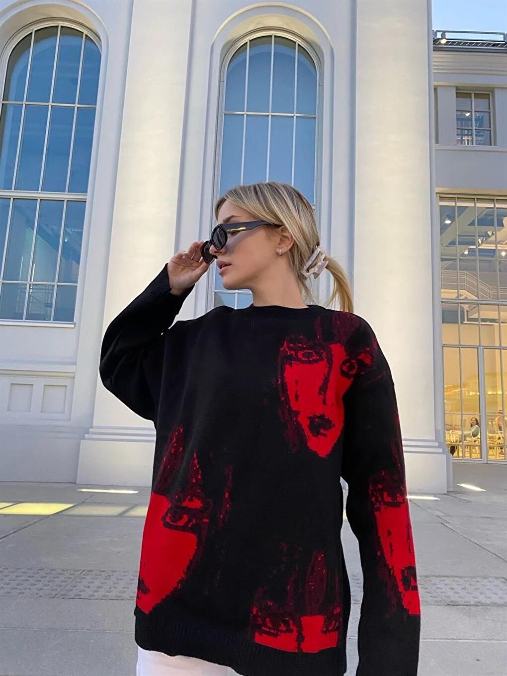 Touz Moda Y2K Streetwear Red Faces Oversize Unisex Siyah Kazak