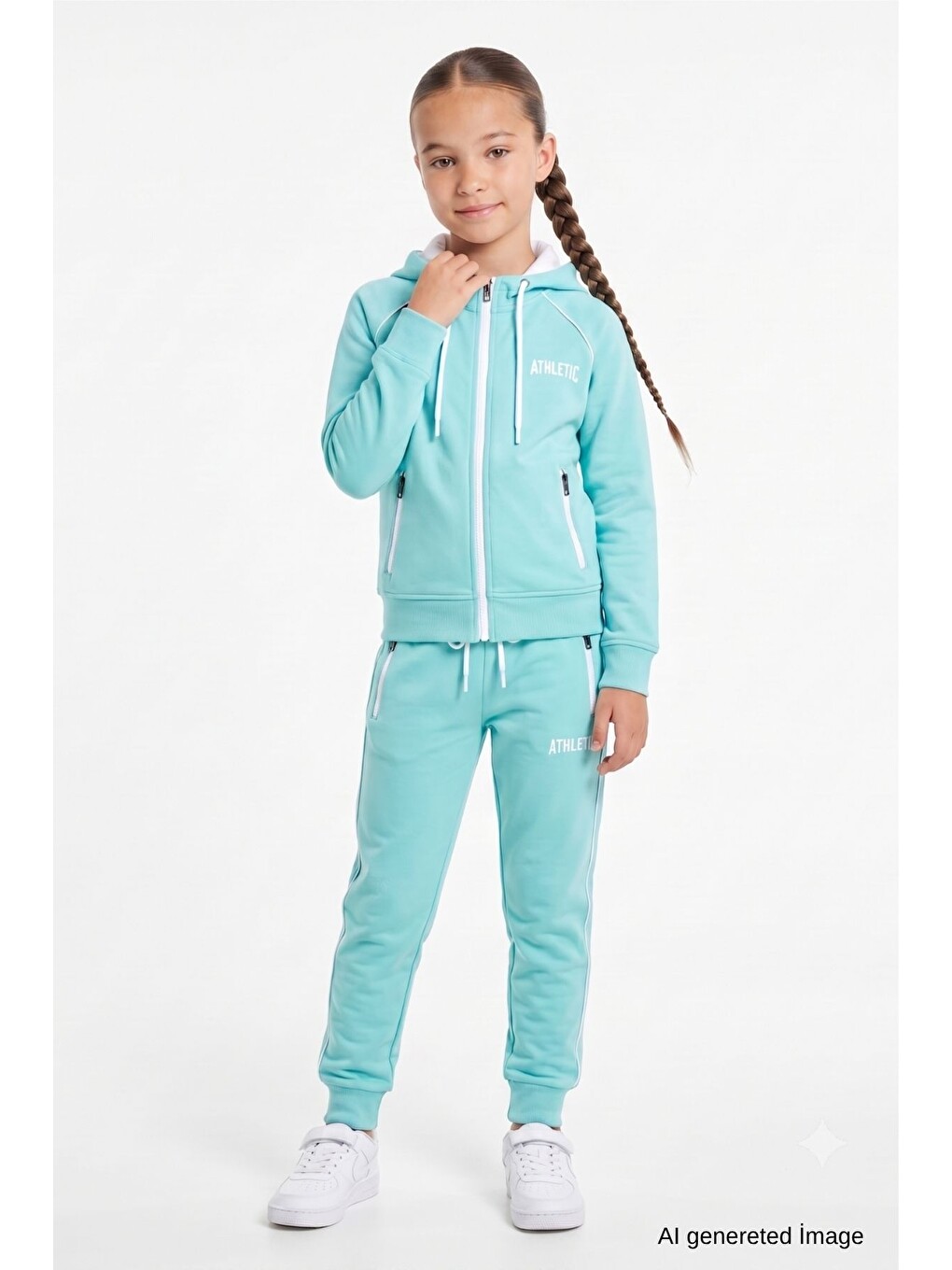 Turkuaz Kız Çocuk Scuba Atheletic Reglan Kol Kapüşonlu Dalgıç Kumaş Eşofman Takımı Esf7027-3