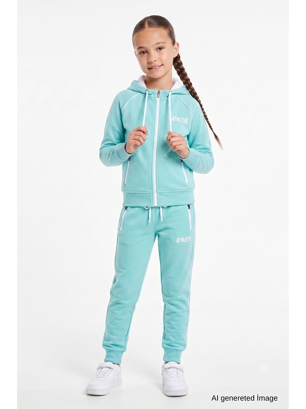 Turkuaz Kız Çocuk Scuba Atheletic Reglan Kol Kapüşonlu Dalgıç Kumaş Eşofman Takımı Esf7027-4