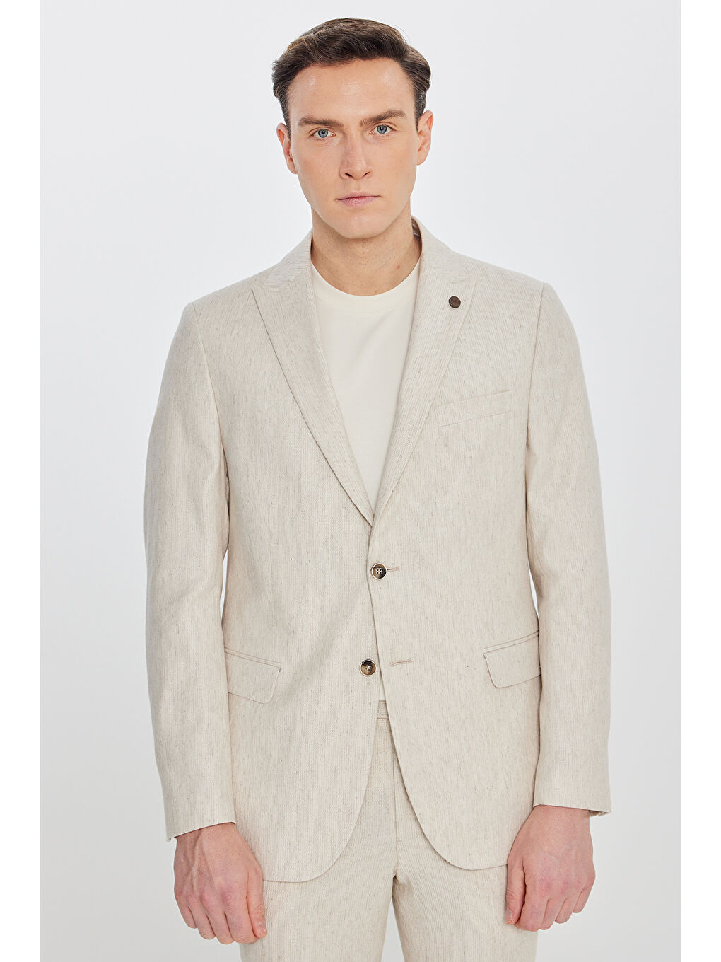 Erkek Bej Keten Slim Fit Dar Kesim Kırlangıç Yaka Esnek Takım Elbise-2