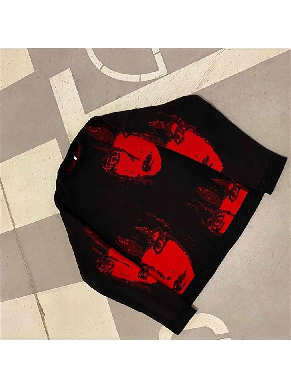 Touz Moda Y2K Streetwear Red Faces Oversize Unisex Siyah Kazak - 2