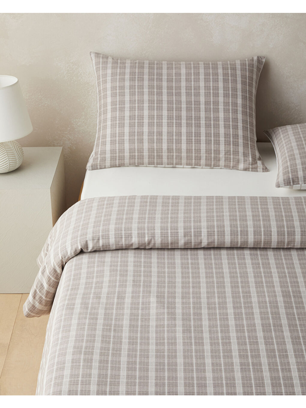 Glen Plaid İpliği Boyalı Çift Kişilik Nevresim Takımı 200x220 cm Koyu Bej-1