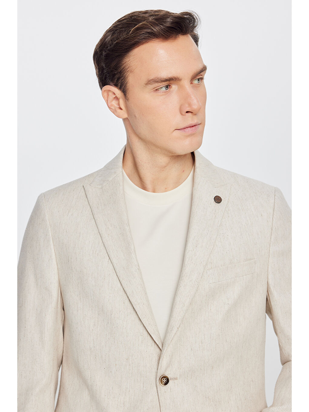 Erkek Bej Keten Slim Fit Dar Kesim Kırlangıç Yaka Esnek Takım Elbise-3