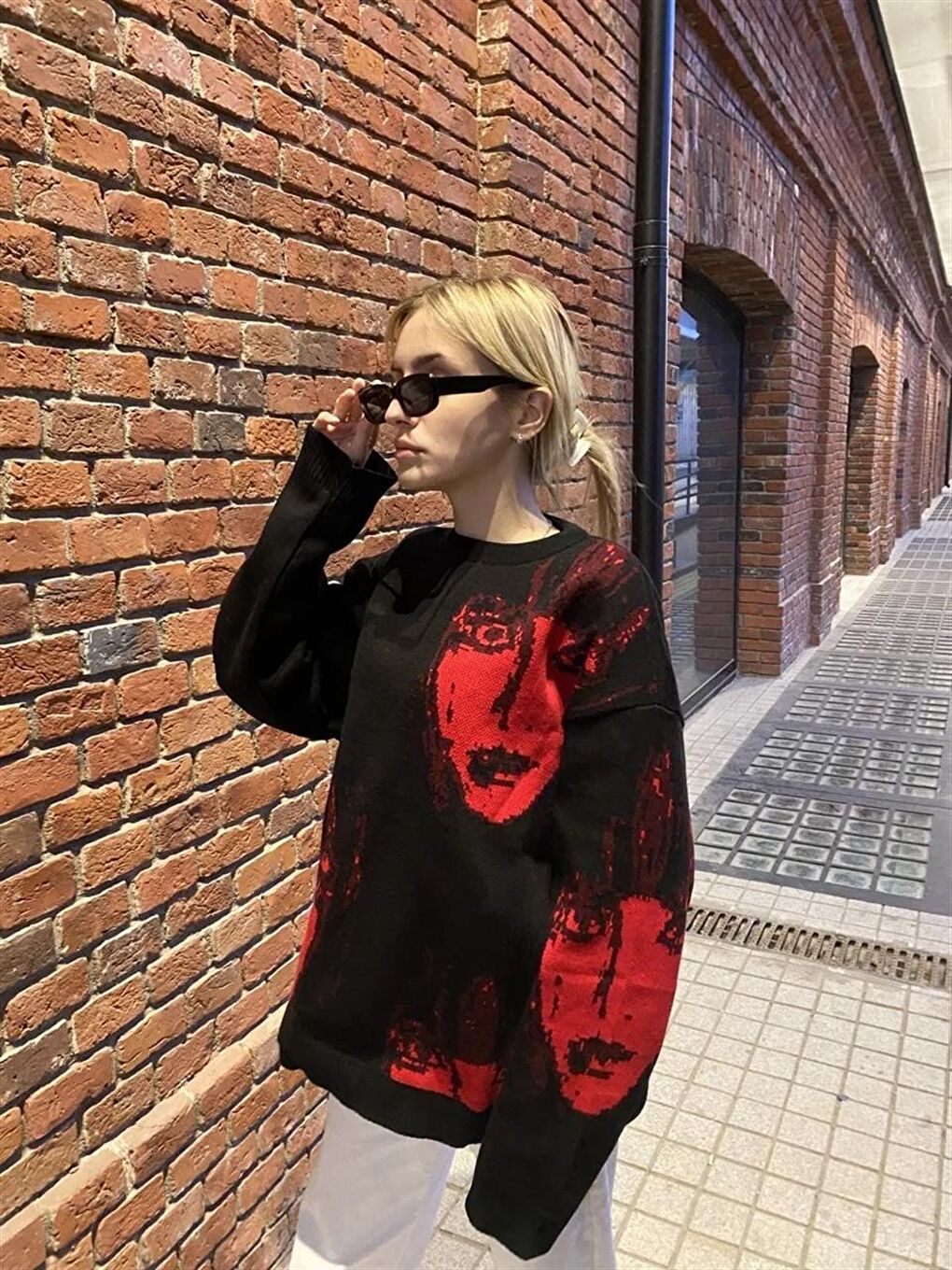 Touz Moda Y2K Streetwear Red Faces Oversize Unisex Siyah Kazak - 5