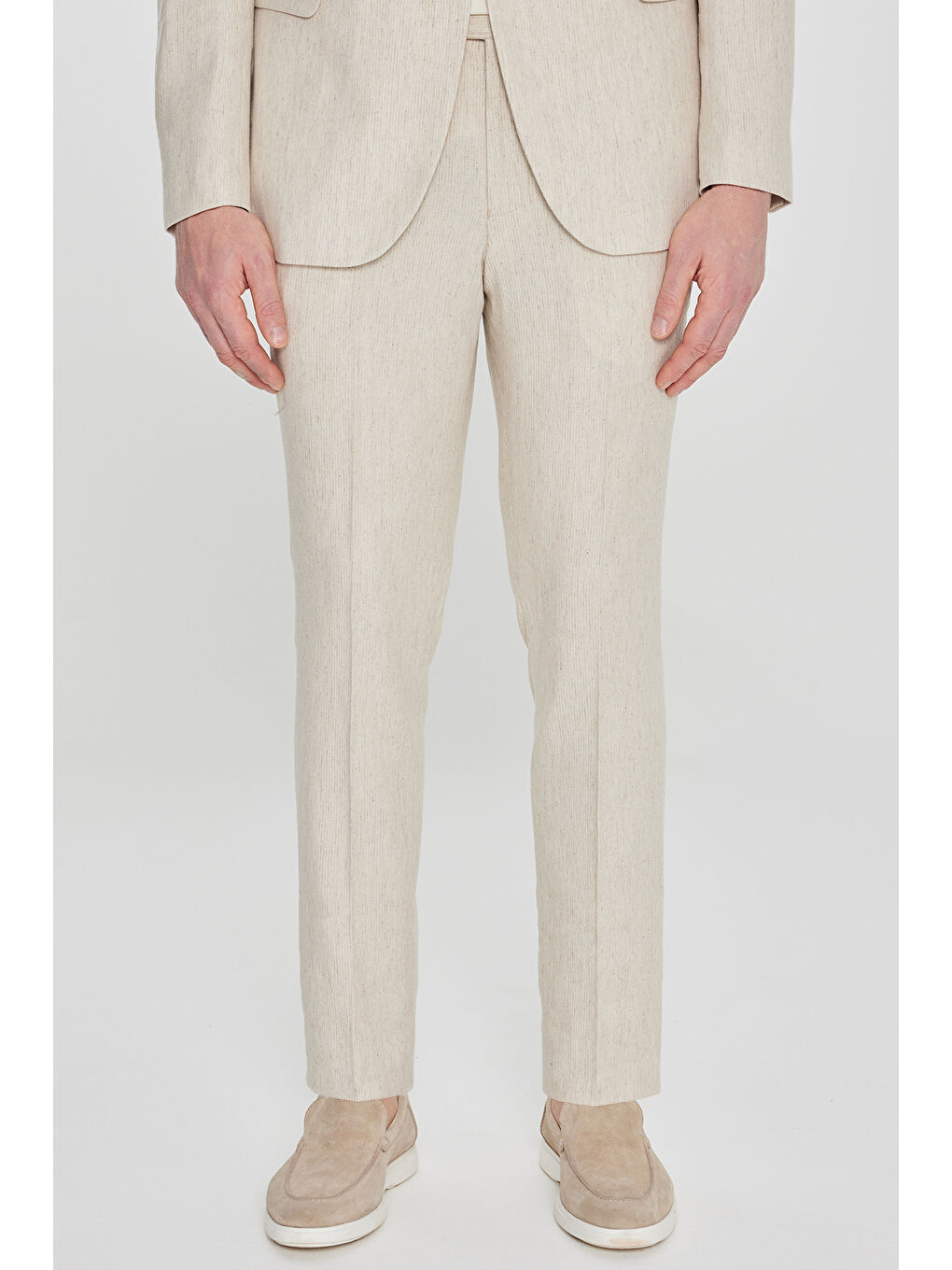 Erkek Bej Keten Slim Fit Dar Kesim Kırlangıç Yaka Esnek Takım Elbise-4