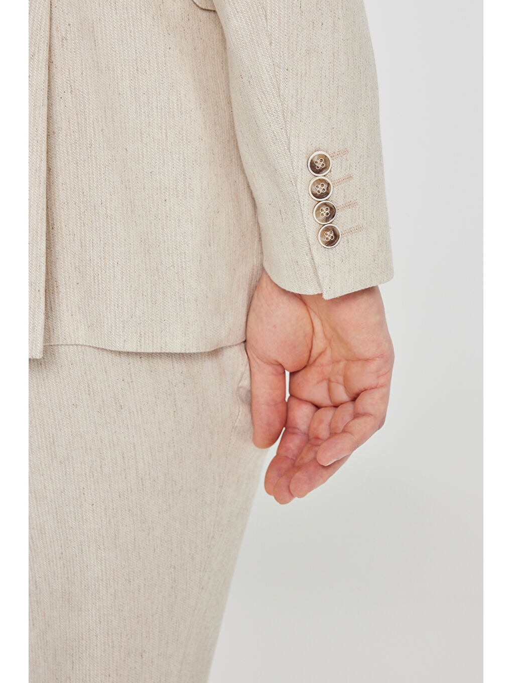 Erkek Bej Keten Slim Fit Dar Kesim Kırlangıç Yaka Esnek Takım Elbise-5