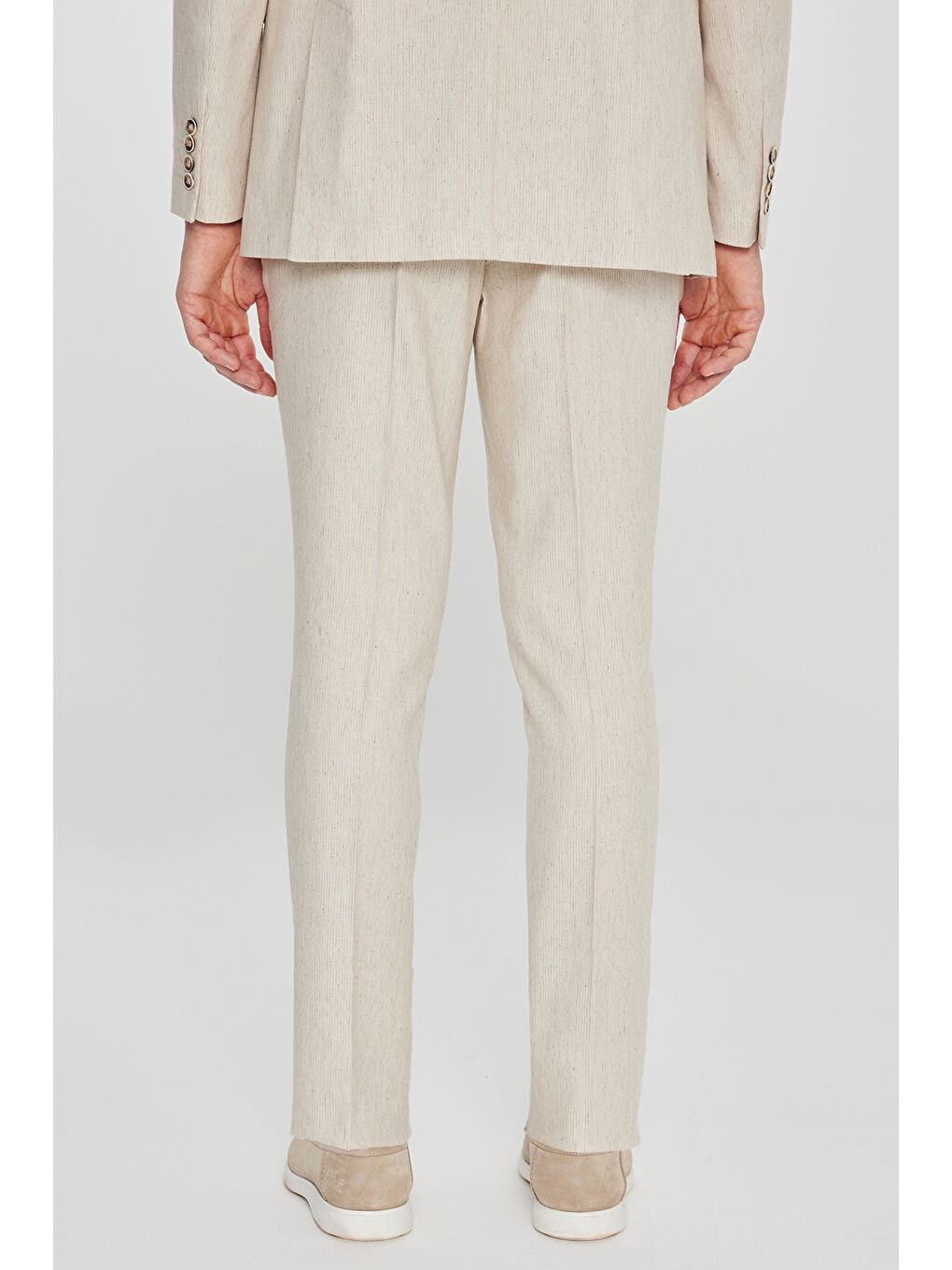 Erkek Bej Keten Slim Fit Dar Kesim Kırlangıç Yaka Esnek Takım Elbise-7