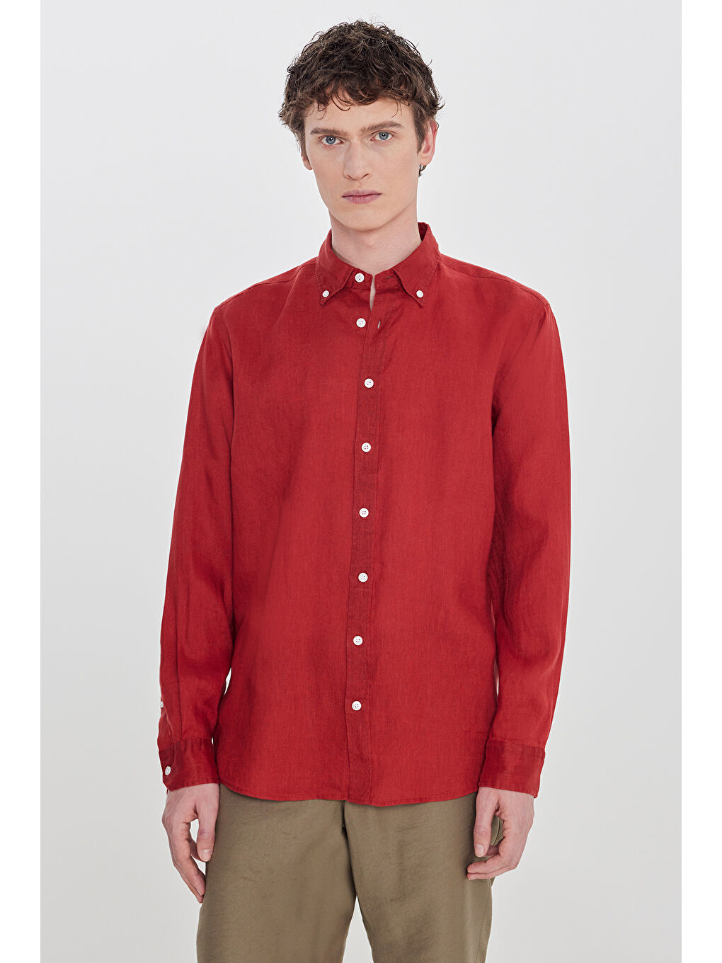 Erkek Bordo Comfort Fit Rahat Kesim Düğmeli Yaka Gömlek