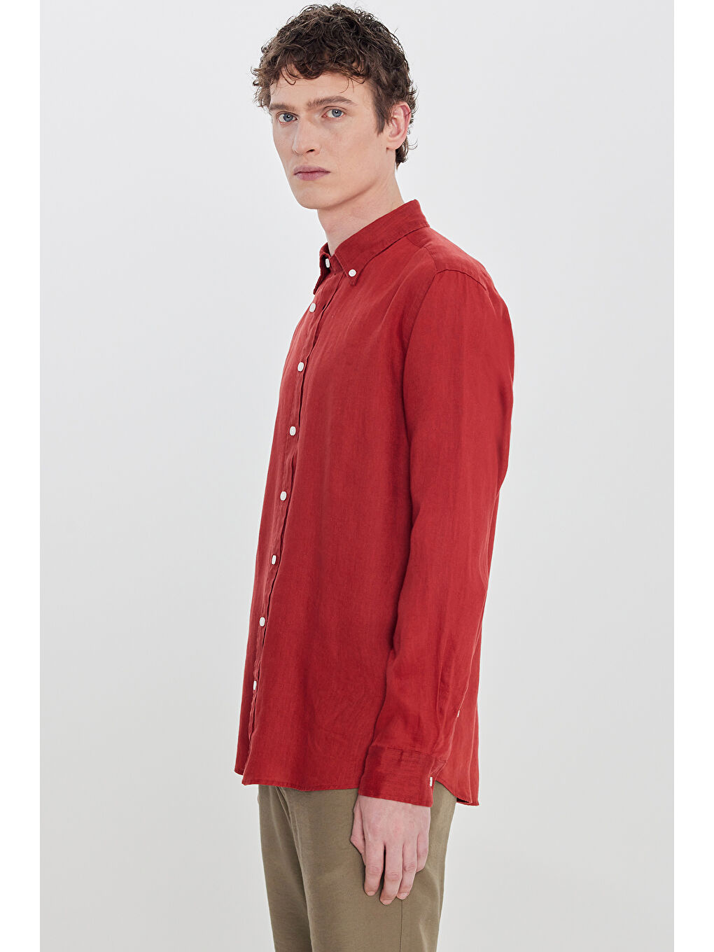 Erkek Bordo Comfort Fit Rahat Kesim Düğmeli Yaka Gömlek-2