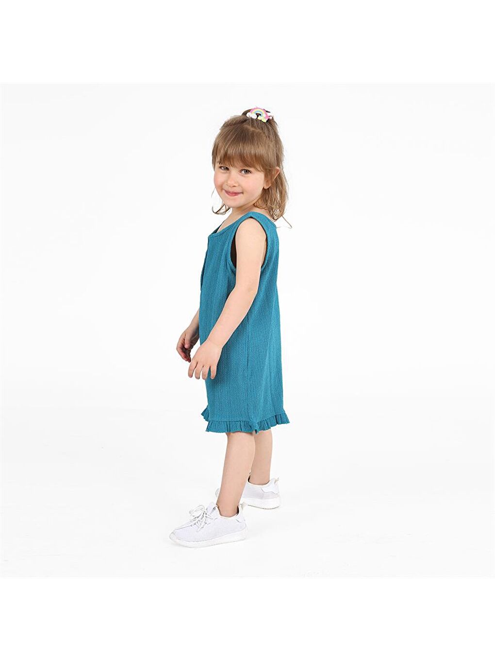 Kız Çocuk Petrol Düğme Detaylı Dokulu Tulum-1