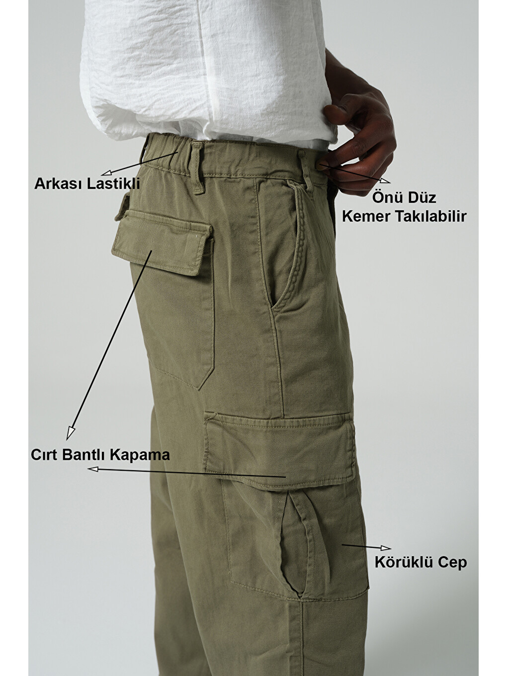Haki Ayarlanabilir Paça, Beli Kısmi Lastikli, Rahat Fit, Esnek Gabardin Kargo Erkek Pantolon @Kamer-3