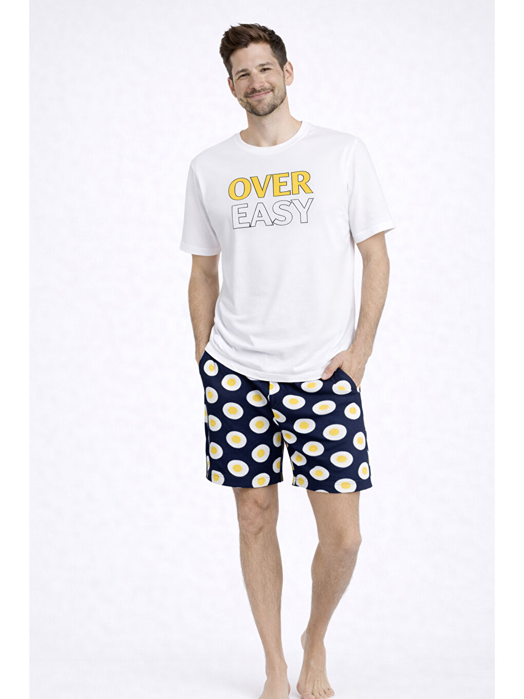 Sarı Erkek Pamuklu Baskılı Cepli Şortlu Pijama Takımı