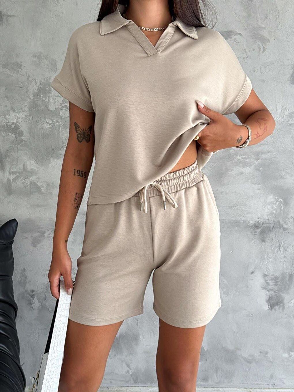 Bej Kadın Yakalı Şort Takım
