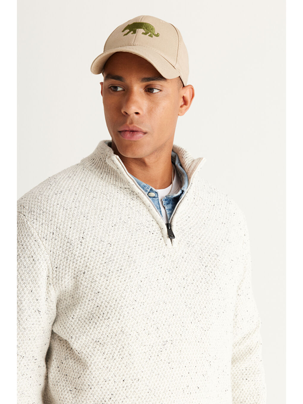 Lila Erkek Ekru-Siyah Standart Fit Normal Kesim Bato Yaka Desenli Pamuklu Triko Kazak-2