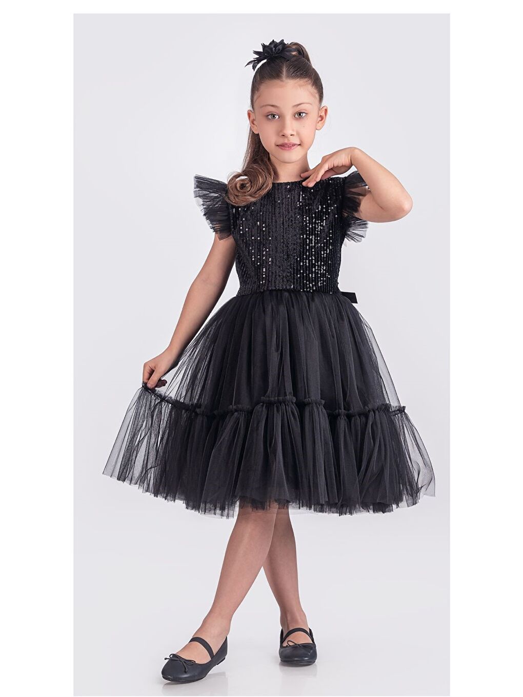 Siyah Pul Payet Katkat Tütü Etekli Kız Çocuk Elbise M00722-1