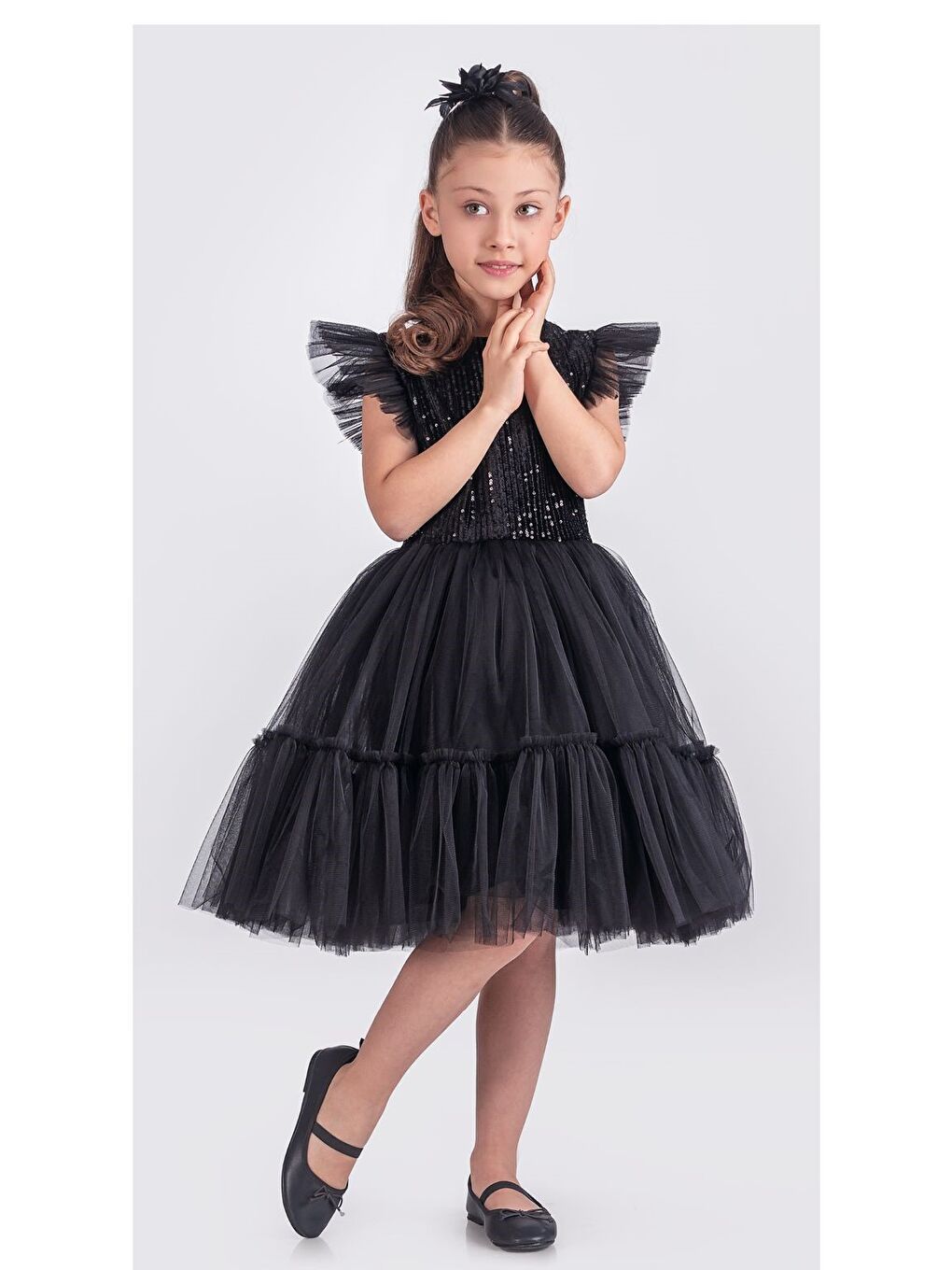 Siyah Pul Payet Katkat Tütü Etekli Kız Çocuk Elbise M00722-5