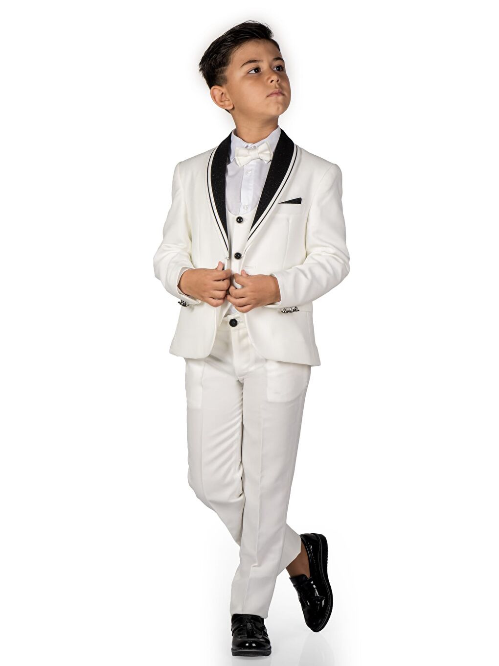 Ekru Çocuk Damatlık Yaka Simli Özel Takım Elbise MNK0541