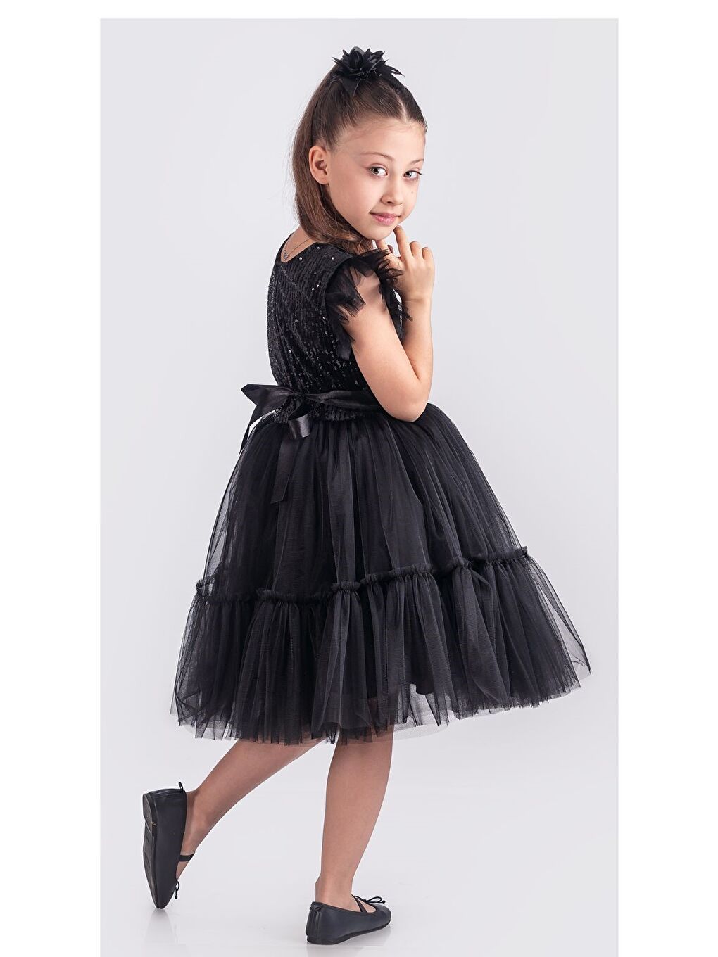 Siyah Pul Payet Katkat Tütü Etekli Kız Çocuk Elbise M00722-6