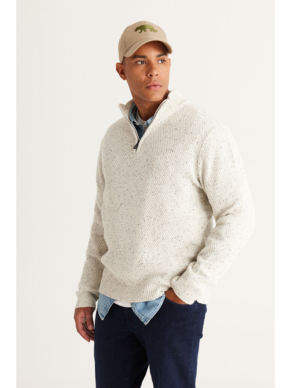 Lila Erkek Ekru-Siyah Standart Fit Normal Kesim Bato Yaka Desenli Pamuklu Triko Kazak-4