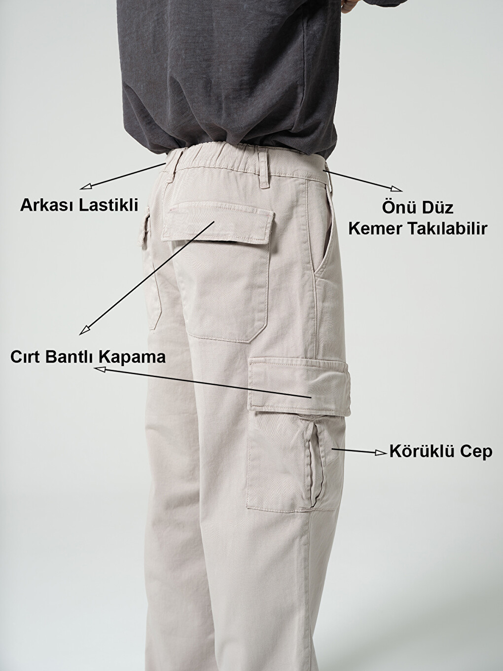 Gri Ayarlanabilir Paça, Beli Kısmi Lastikli, Rahat Fit, Esnek Gabardin Kargo Erkek Pantolon @kamer-3