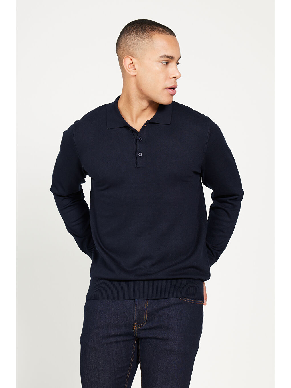 Erkek Lacivert Standart Fit Normal Kesim Polo Yaka Triko Kazak-3