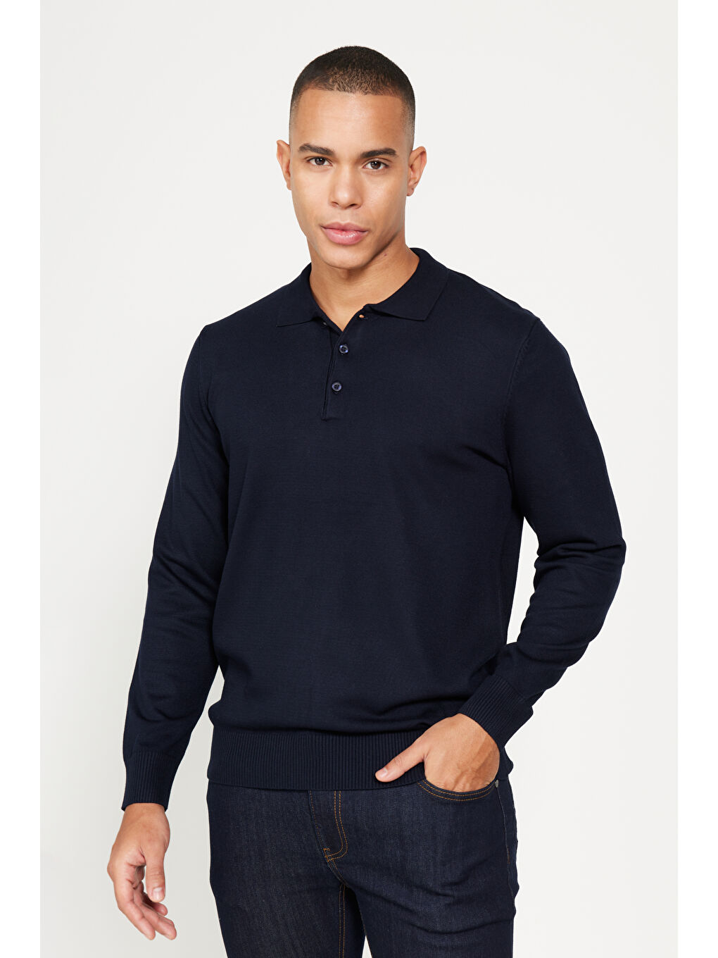 Erkek Lacivert Standart Fit Normal Kesim Polo Yaka Triko Kazak-4