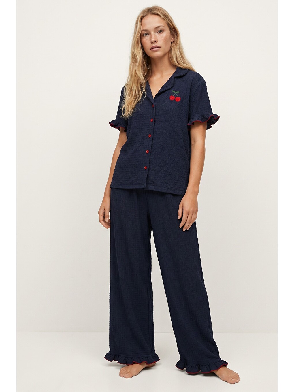Lacivert Nakışlı Bürümcük-krınkıl Kısa Kollu Düğmeli Pijama Takım 8057-1