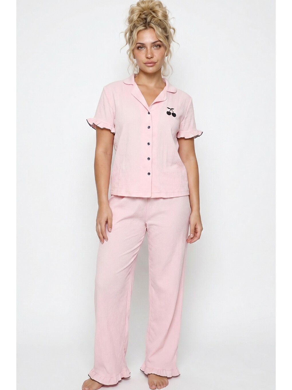Pembe Nakışlı Bürümcük-krınkıl Kısa Kollu Düğmeli Pijama Takım 8057-1