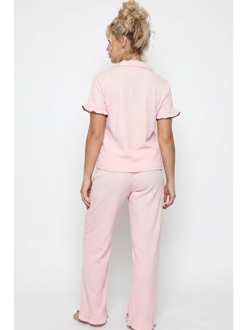 Pembe Nakışlı Bürümcük-krınkıl Kısa Kollu Düğmeli Pijama Takım 8057-2