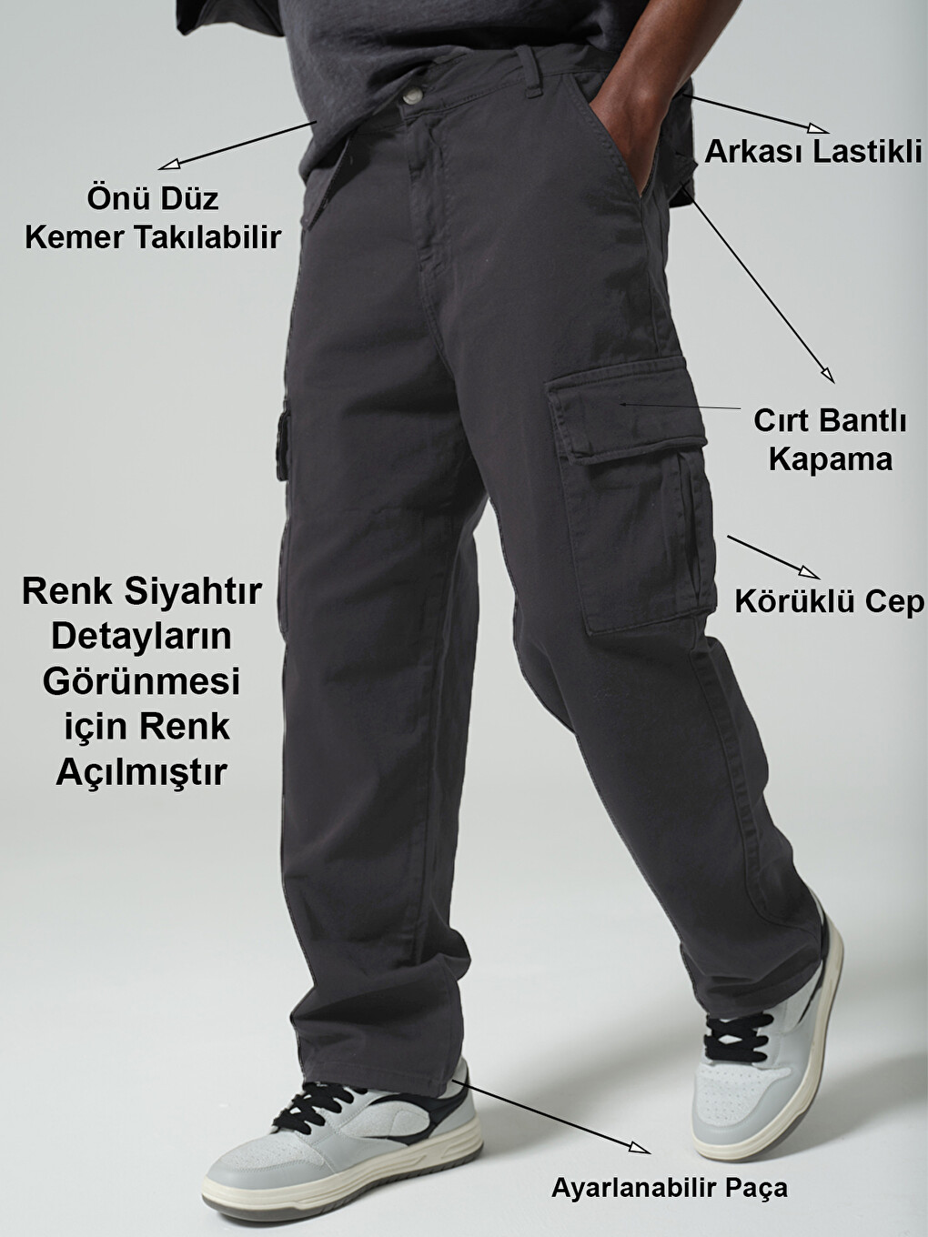 Siyah Ayarlanabilir Paça, Beli Kısmi Lastikli, Rahat Fit, Esnek Gabardin Kargo Erkek Pantolon @Kamer