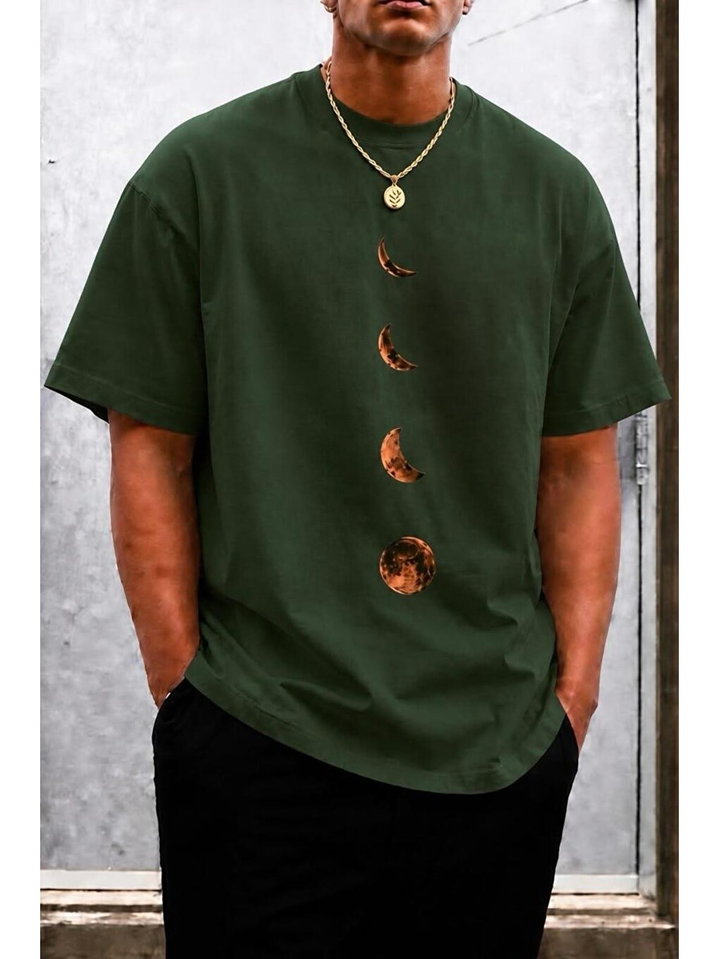 Yeşil Moon Baskılı Bisiklet Yaka Pamuklu Erkek T-shirt Rahat Kesim