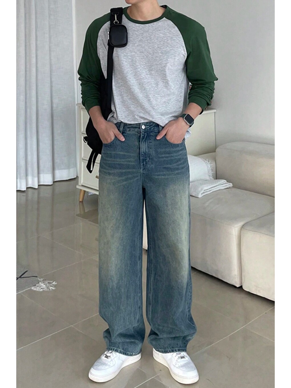 Haki Erkek Reglan Kol Uzun Kollu Basic Tişört Süprem %100 Pamuk Bisiklet Yaka Rahat Kalıp-1