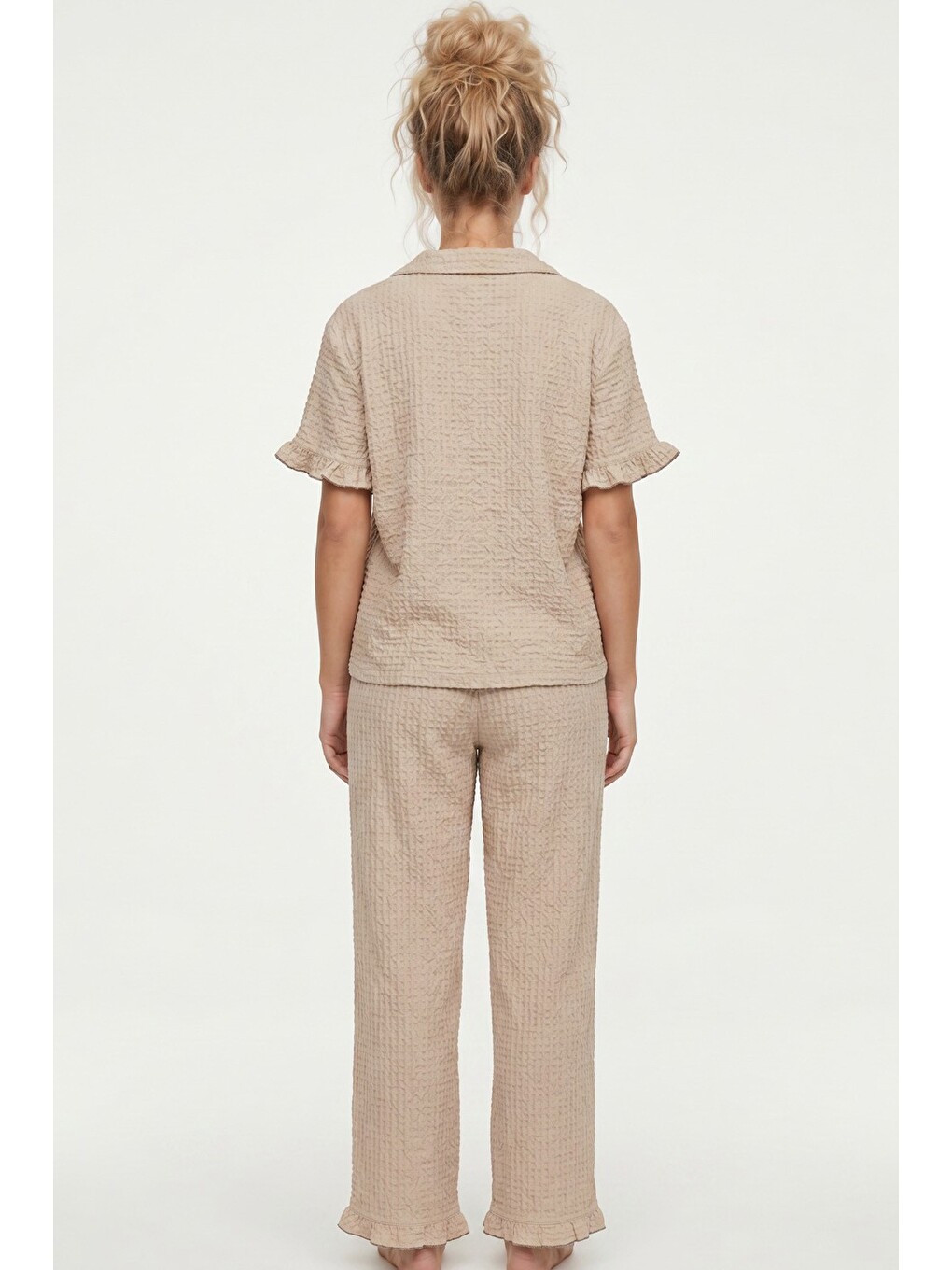 Bej Nakışlı Bürümcük-krınkıl Kısa Kollu Düğmeli Pijama Takım 8057-2