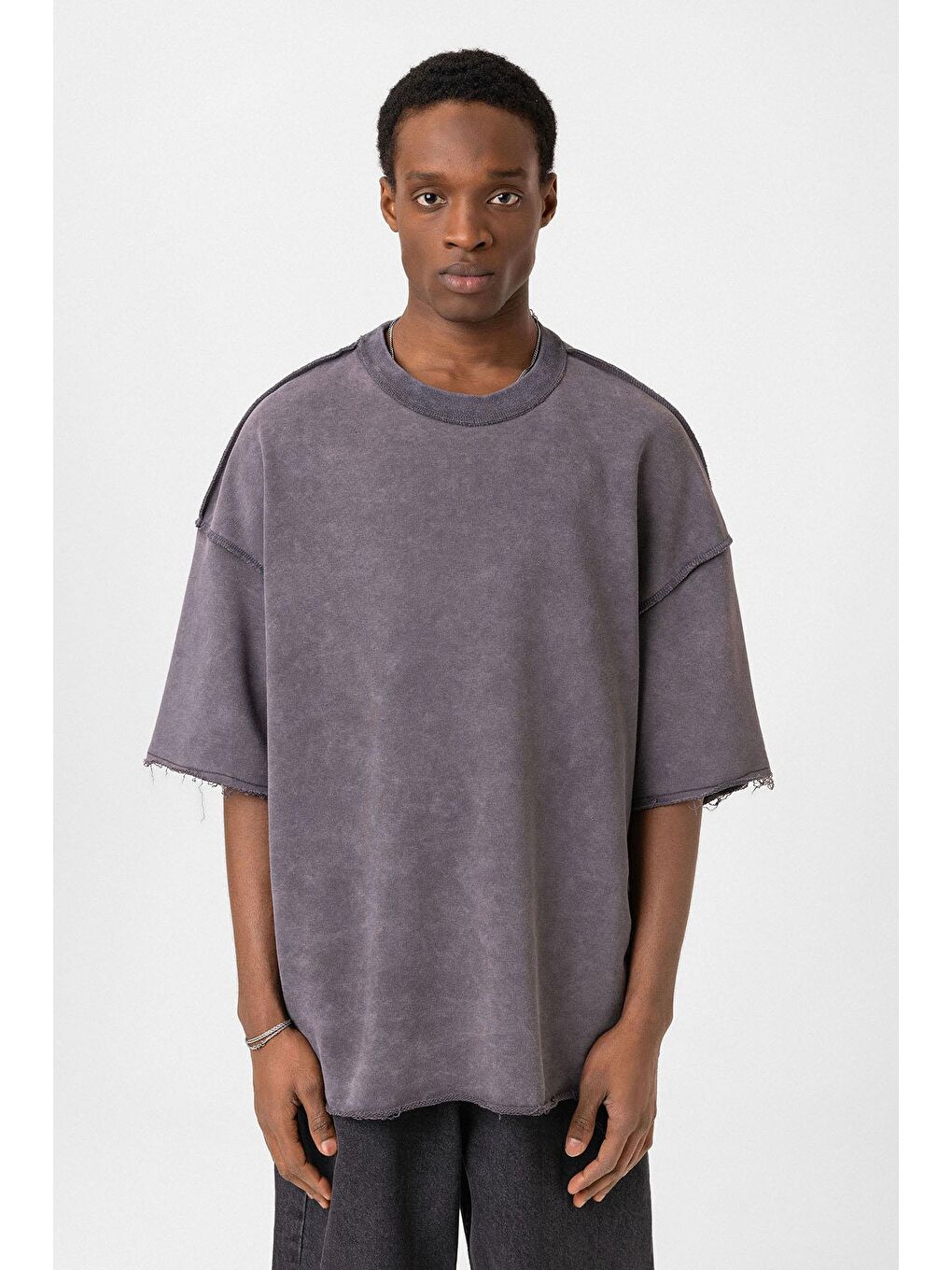 Gri Yıkamalı Oversize Tişört Füme-2