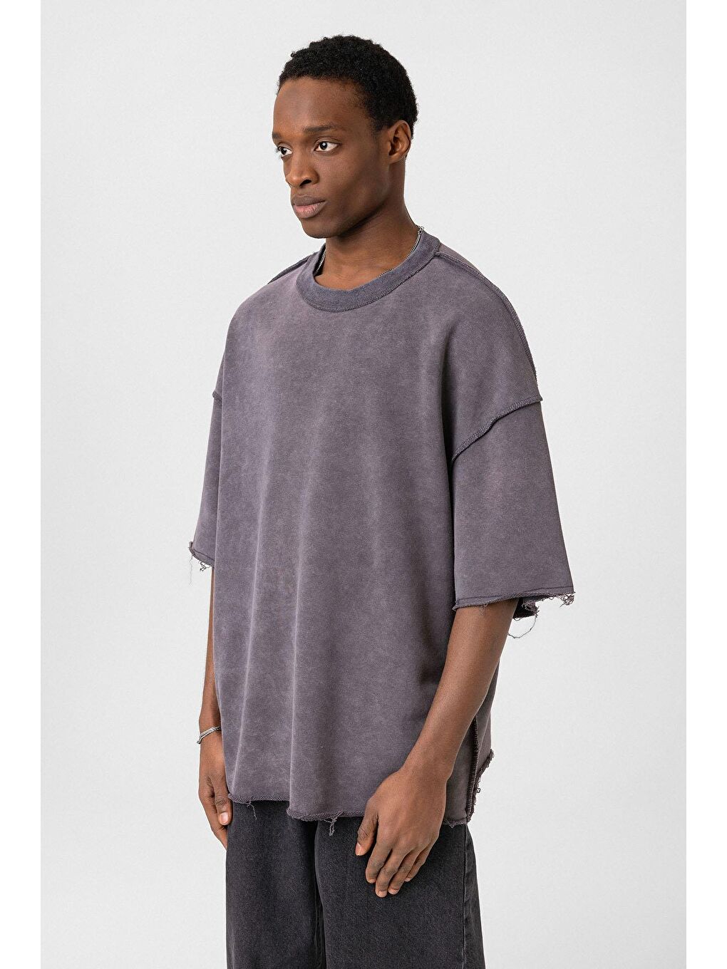 Gri Yıkamalı Oversize Tişört Füme-3