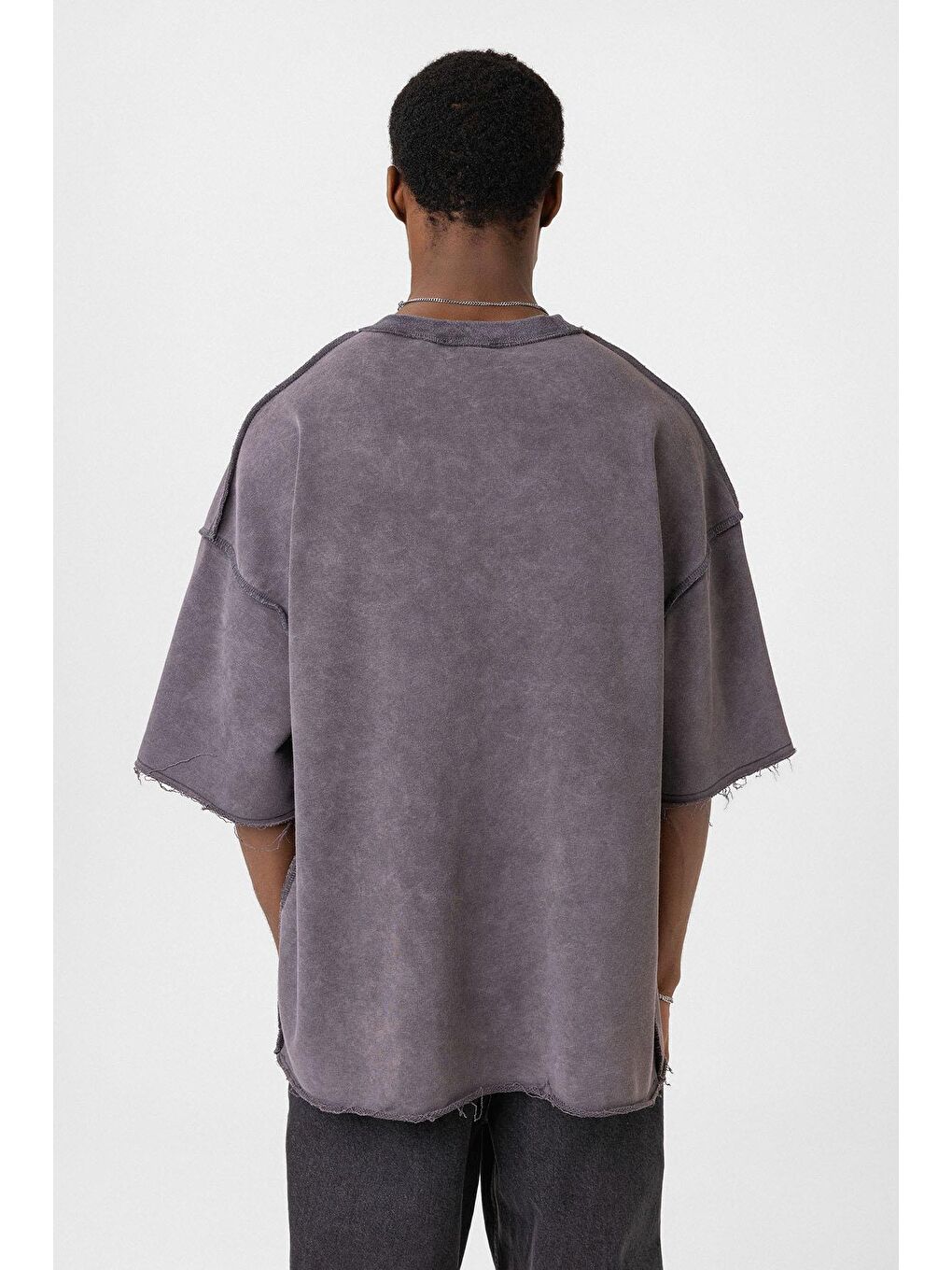 Gri Yıkamalı Oversize Tişört Füme-4