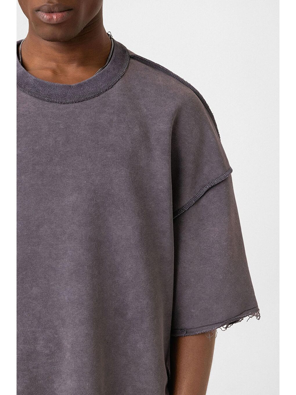 Gri Yıkamalı Oversize Tişört Füme-5