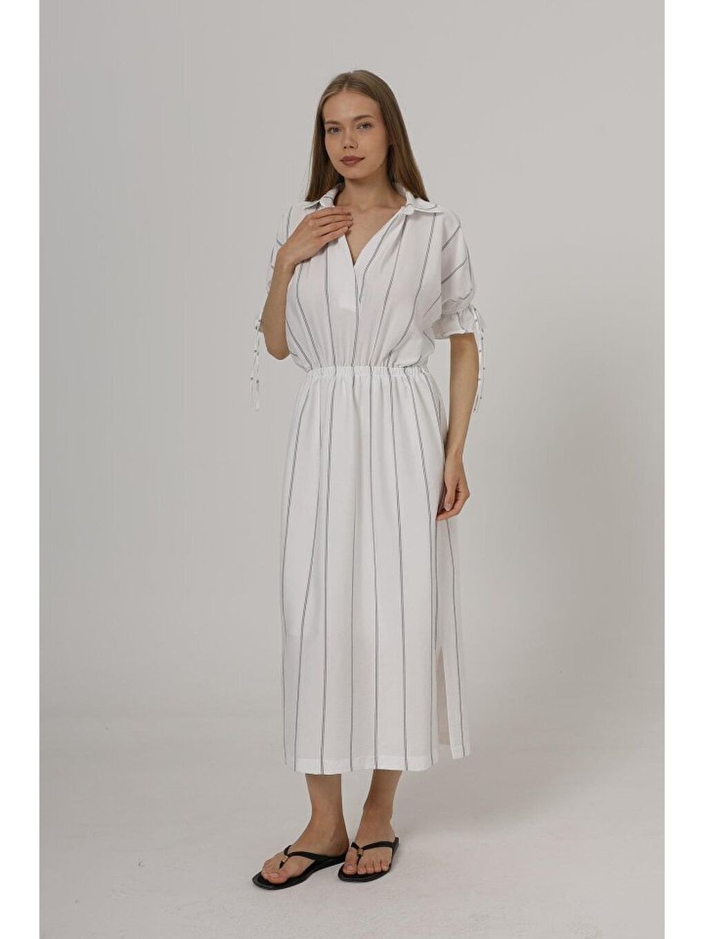 Beli Lastikli Elbise - Beyaz-1