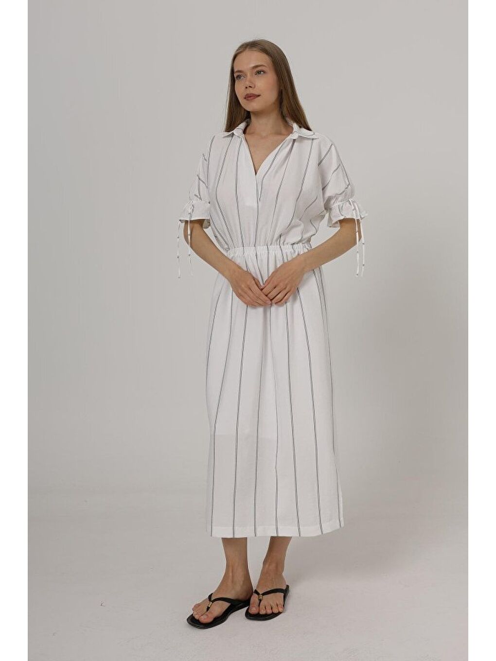 Beli Lastikli Elbise - Beyaz-2