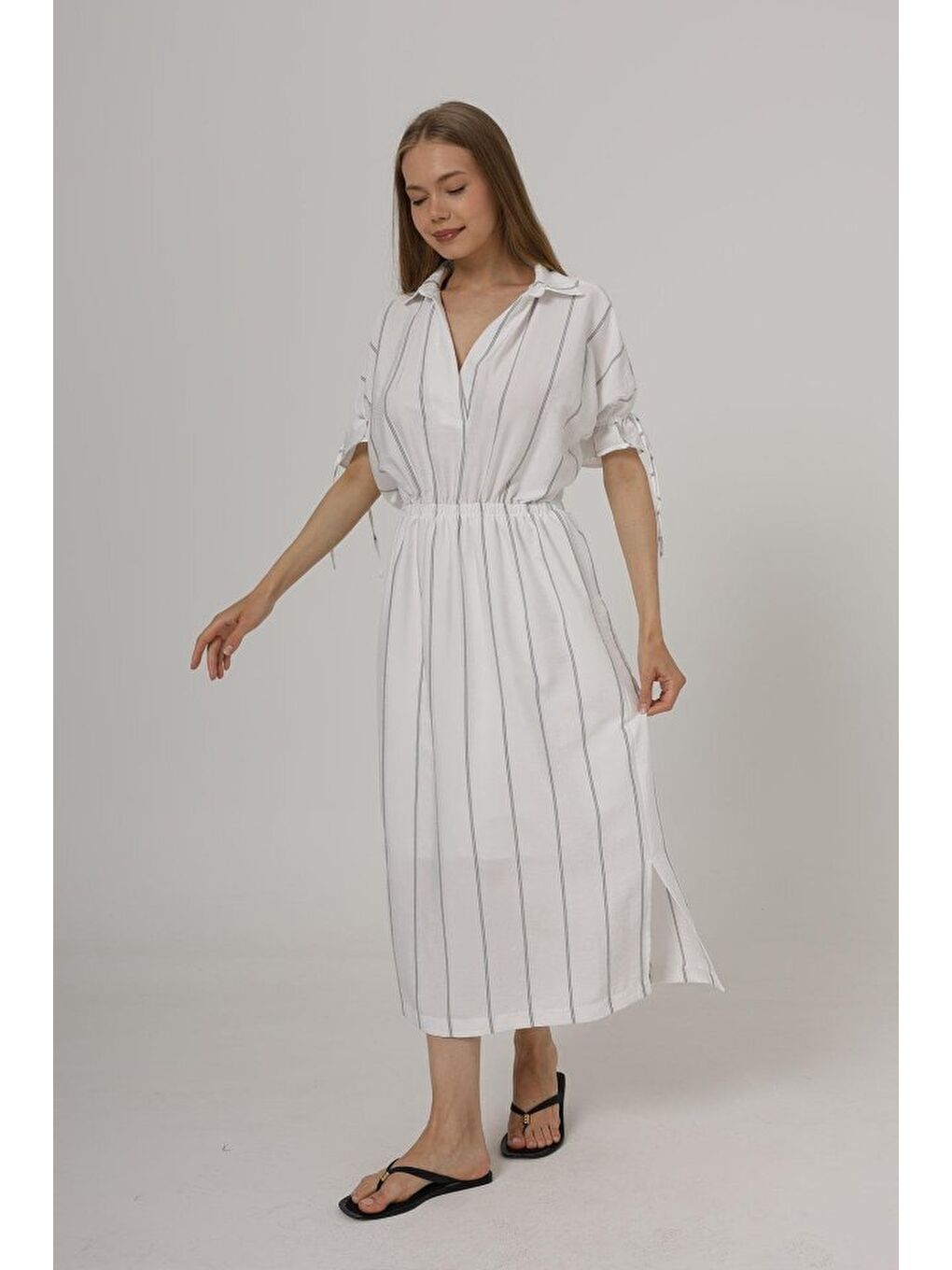 Beli Lastikli Elbise - Beyaz-3