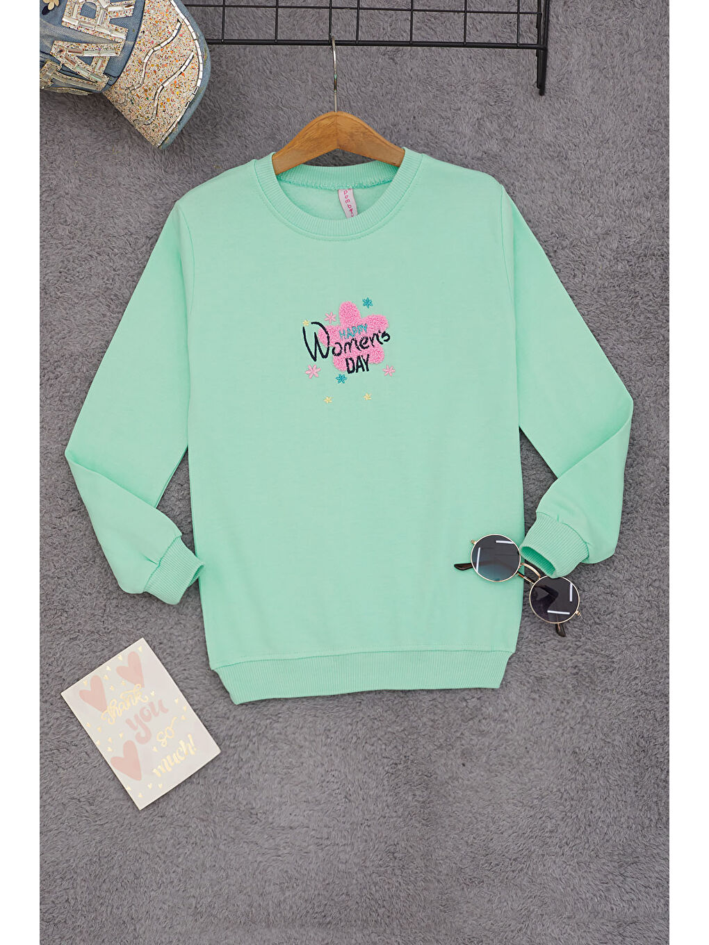 Pembe Life Kids Club Yeşil Çiçek Nakışlı Kız Çocuk Kız Çocuk Sweatshirt 17192