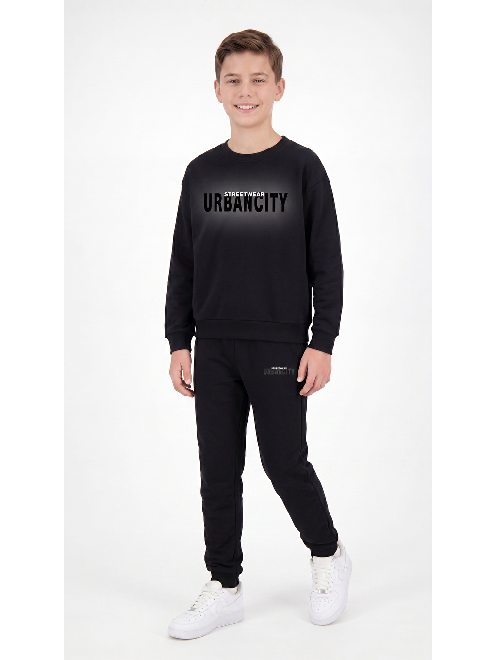 Siyah Streetwear Urbancity Baskılı Erkek Çocuk Alt Üst Eşofman Takımı-1