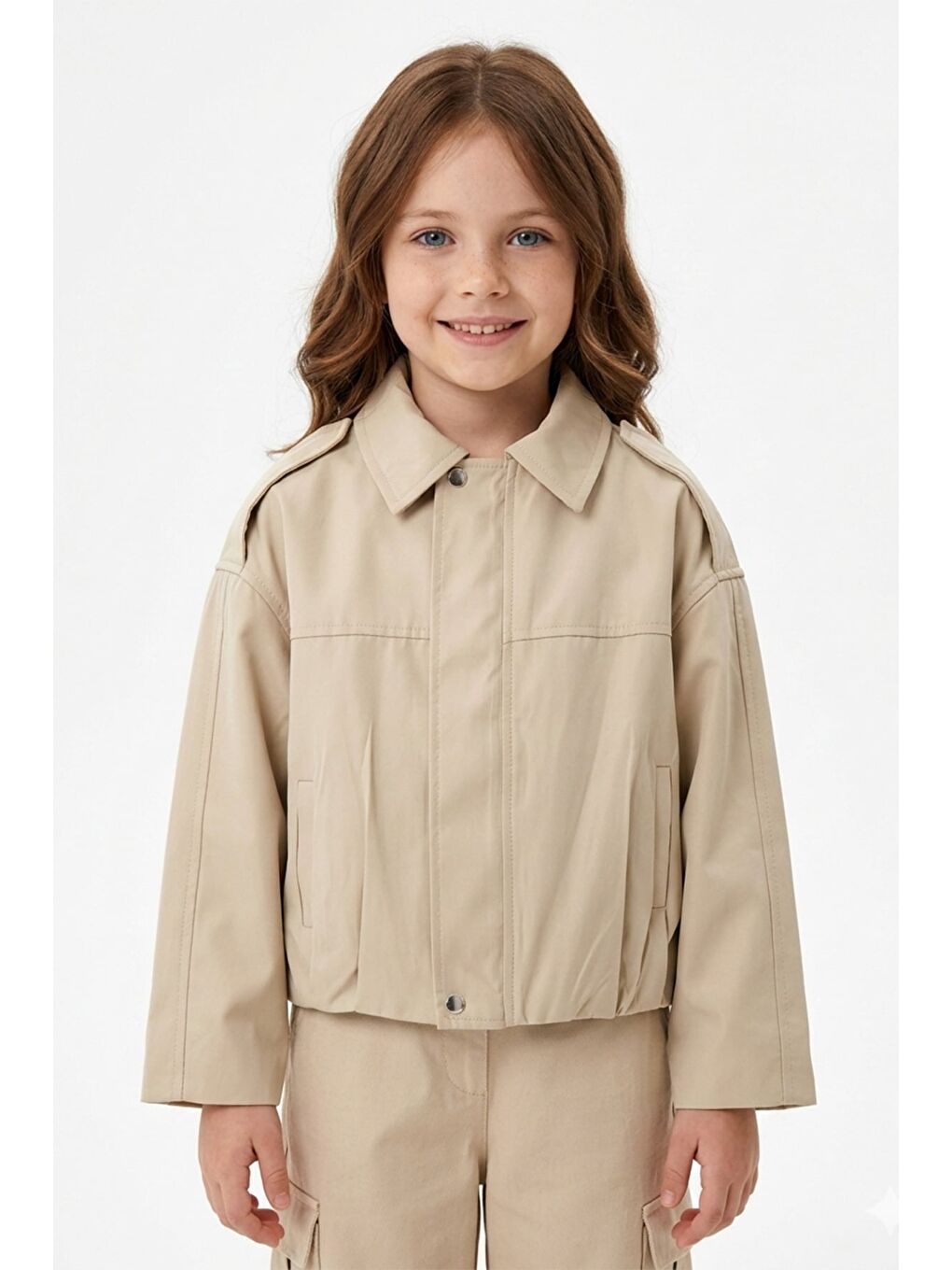 Bej Fermuarlı Pileli Omuz Detaylı Kız Çocuk Trençkot
