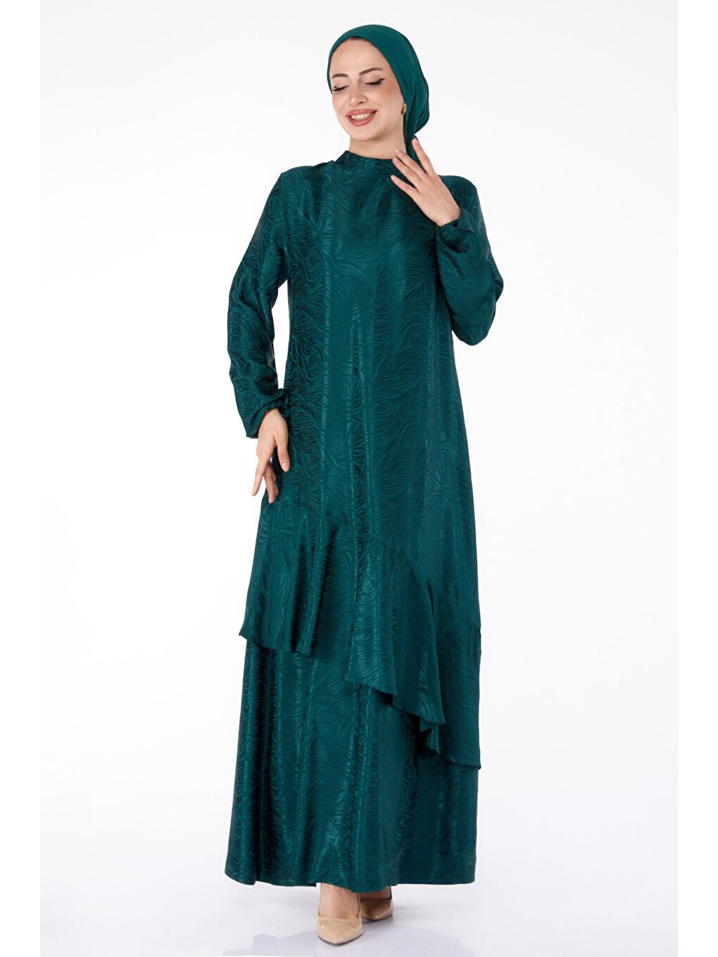 Düz Hakim Yaka Kadın Yeşil Fırfır Detaylı Elbise - 25602-1