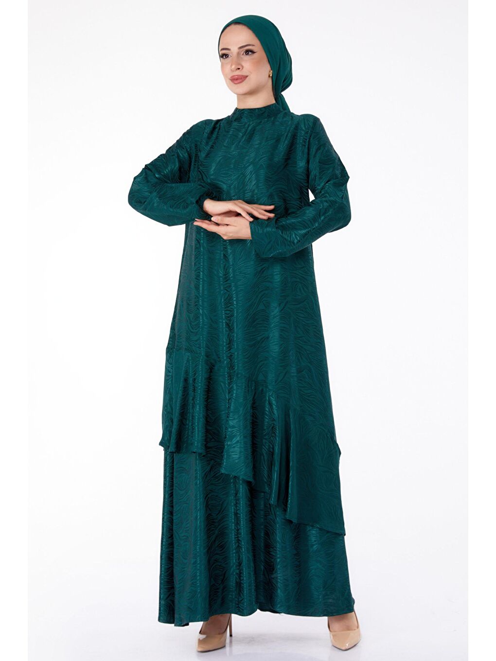 Düz Hakim Yaka Kadın Yeşil Fırfır Detaylı Elbise - 25602-2