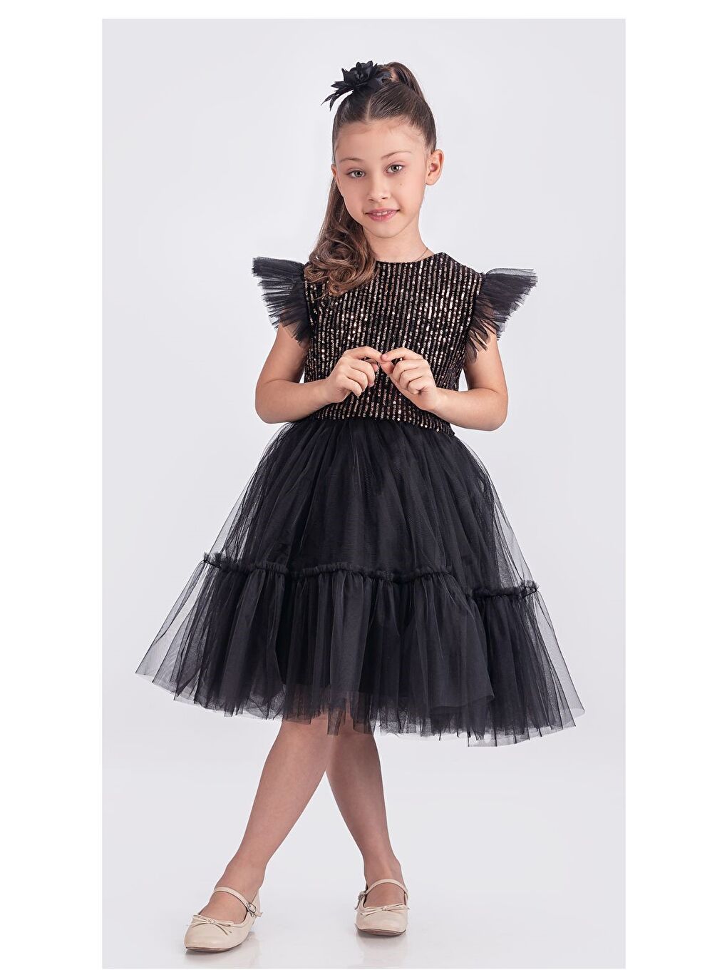 Siyah Pul Payet Katkat Tütü Etekli Kız Çocuk Elbise M00722-5
