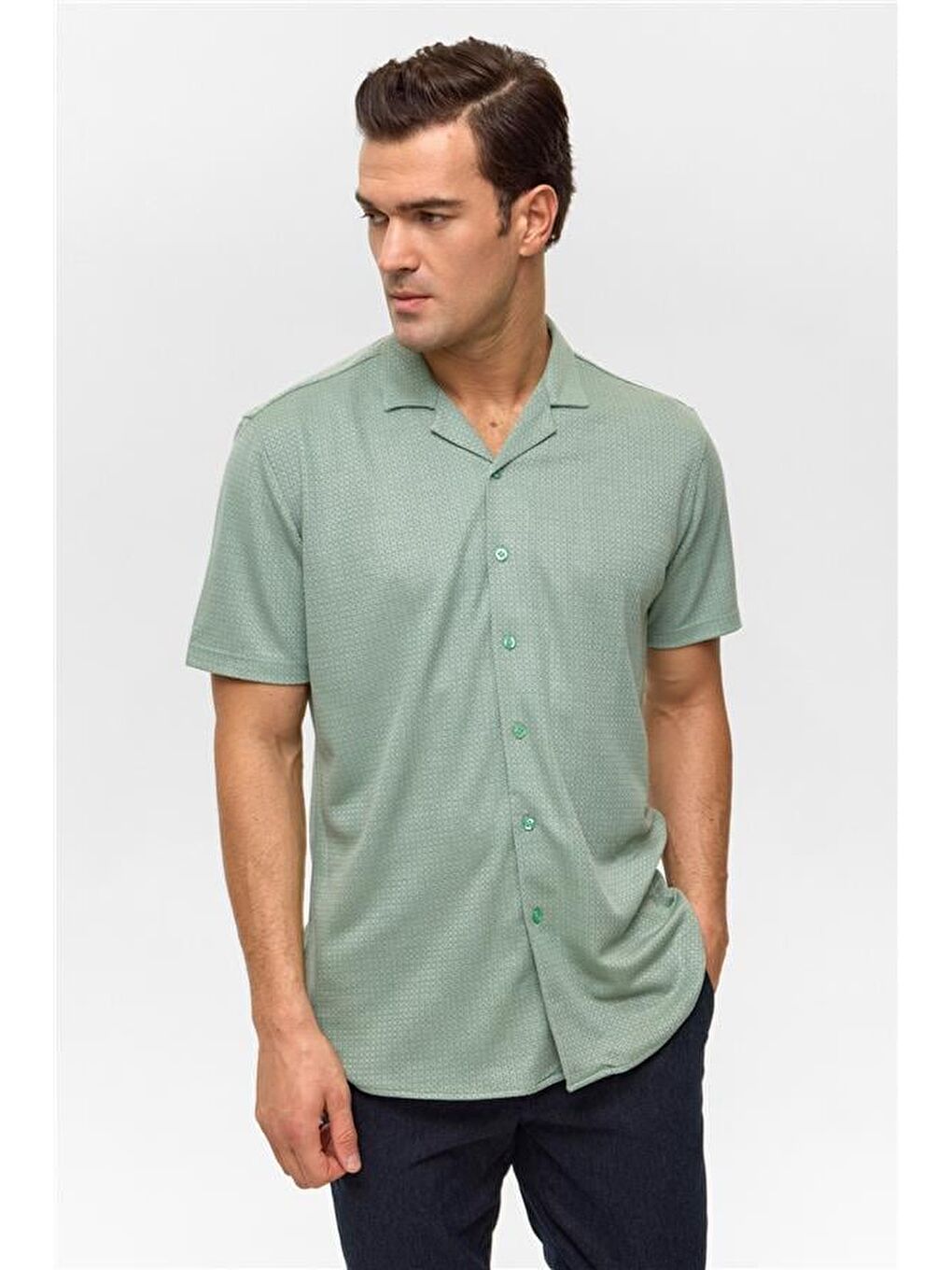 Koyu Haki Slim Desenli Apaş Yaka Gömlek-1