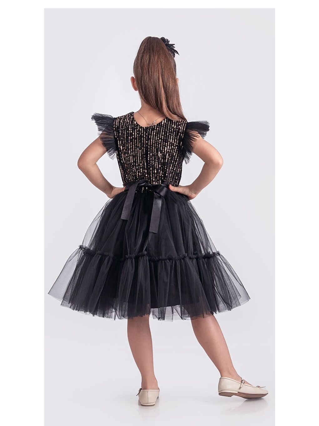 Siyah Pul Payet Katkat Tütü Etekli Kız Çocuk Elbise M00722-6