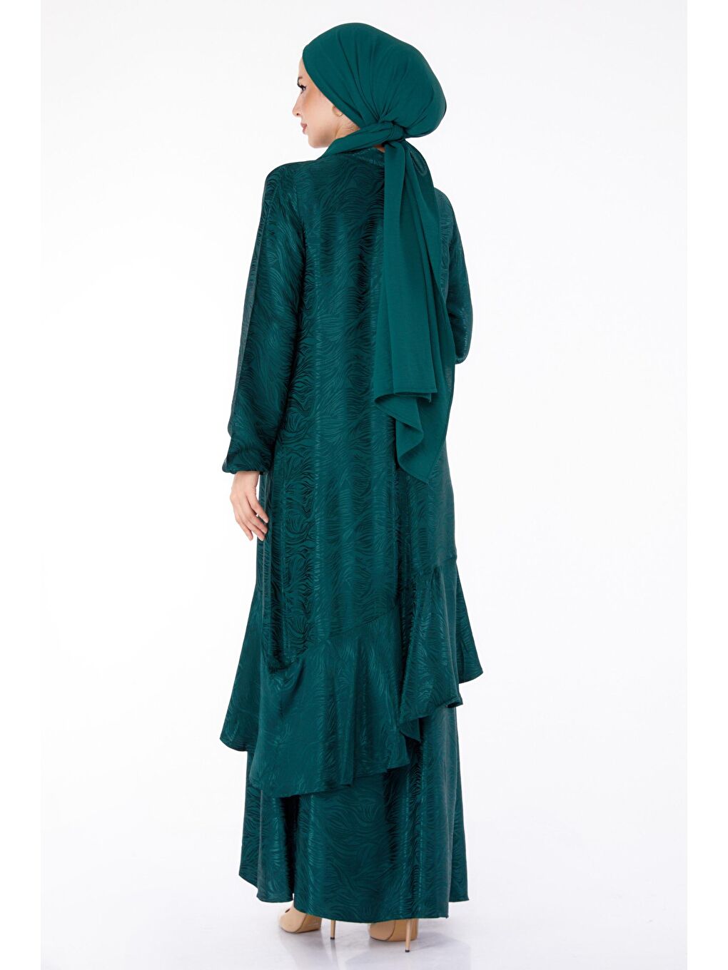 Düz Hakim Yaka Kadın Yeşil Fırfır Detaylı Elbise - 25602-4